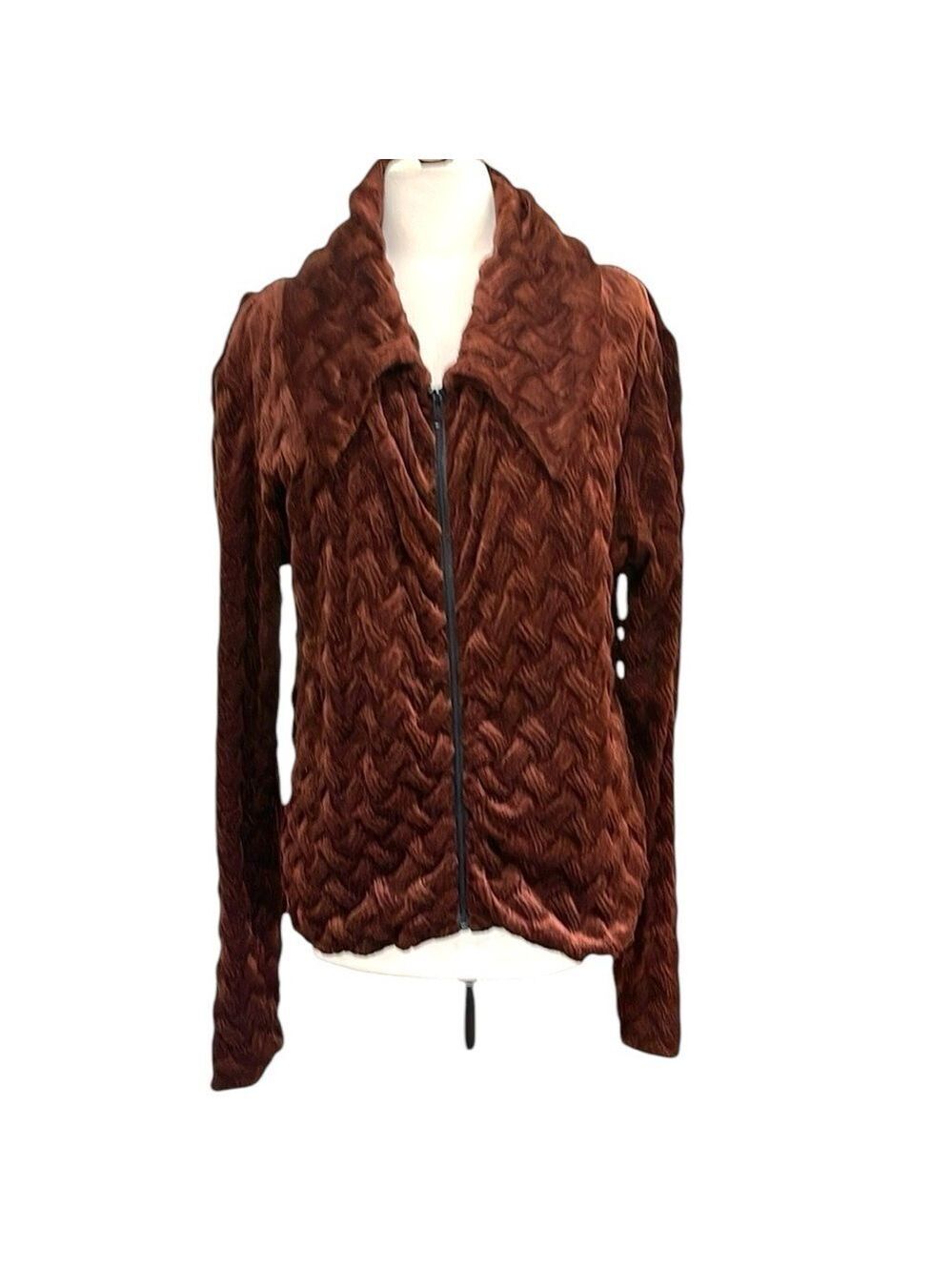 Bekke Chenille Textured Basket Weave Zip Front Light Jacket Dark Brown SZ M